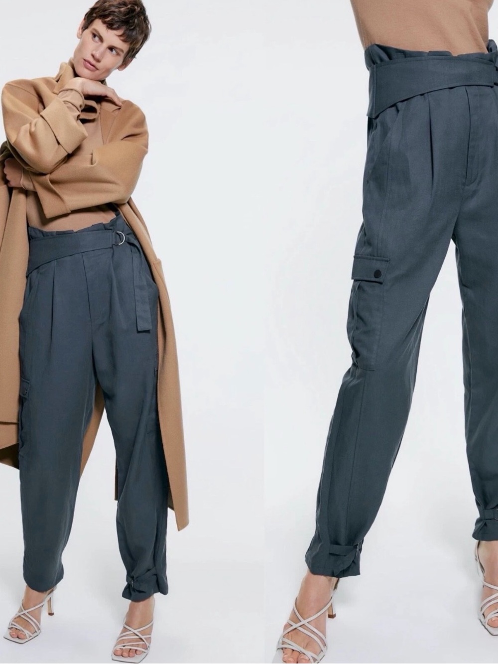 Zara Jules Pants - High-Waist Paperbag Cargo Trousers - Navy